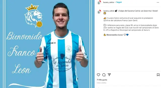 Franco León jugará en Italia. Instagram oficial de Lucera Calcio   