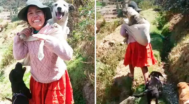 Mujer lleva a su perrito en la espalda para que lo acompañe al trabajo