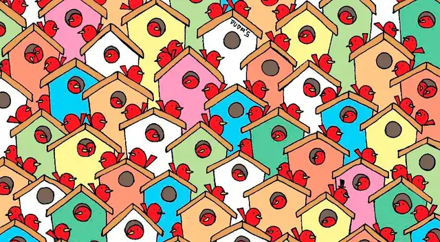 Encuentra a las manzanas camufladas entre los pájaros rojos.