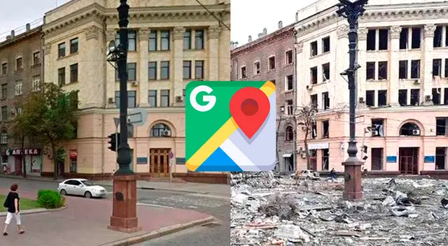 Antes y después de la ciudad de Kharkiv en Ucrania.