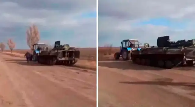 Video viral muestra a soldado corriendo detrás de tractor.