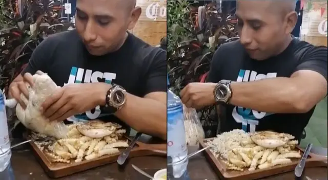 Sujeto va a comer pollo a la brasa y lleva arroz chaufa de su casa en una bolsa - VIDEO Sujeto va a comer pollo a la brasa y lleva arroz chaufa de su casa en una bolsa - VIDEO