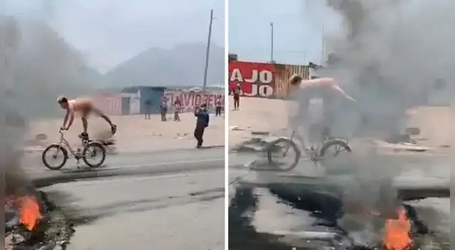 Ciclista desnudo irrumpió en paro de transportistas. Ciclista desnudo irrumpió en paro de transportistas.