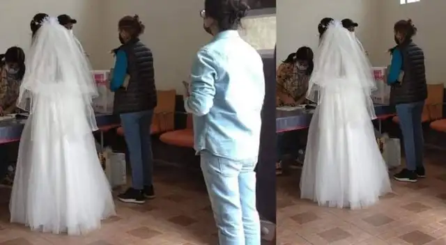 Novia vestida de blanco va a votar antes de casarse y se hace viral en las redes