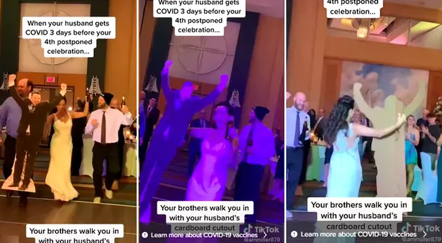 Novia baila con figura de cartón de su pareja, al estar en cuarentena por la COVID-19 Novia baila con figura de cartón de su pareja, al estar en cuarentena por la COVID-19