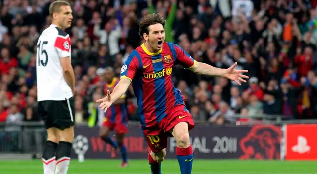 Lionel Messi celebrando un gol con Barcelona en la final de la Champions League 2011 Lionel Messi celebrando un gol con Barcelona en la final de la Champions League 2011