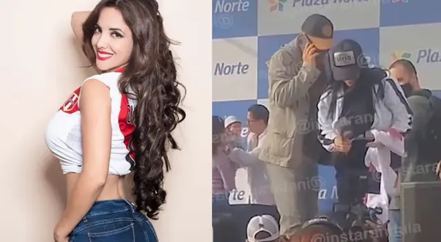 Rosángela Espinoza intenta que Lapadula le firme camiseta, pero la bajan del escenario