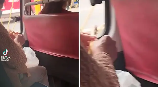 Una mujer aprovechó su viaje en combi para ir avanzando con el almuerzo del día.