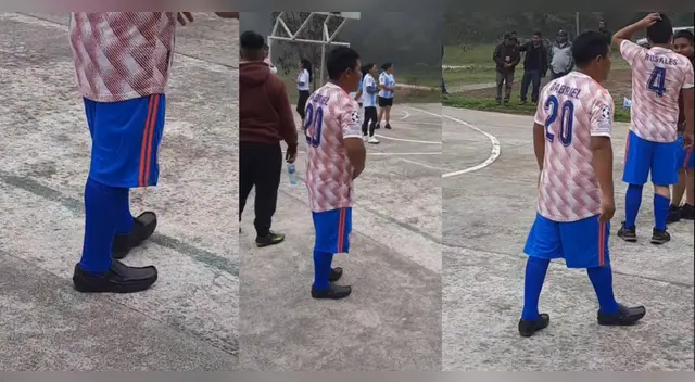Hombre asiste a pichanga con calzado de vestir Hombre asiste a pichanga con calzado de vestir