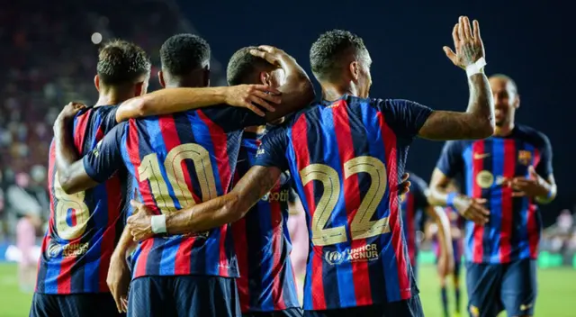 Jugadores de Barcelona celebrando en la victoria contra el Inter de Miami. Jugadores de Barcelona celebrando en la victoria contra el Inter de Miami.