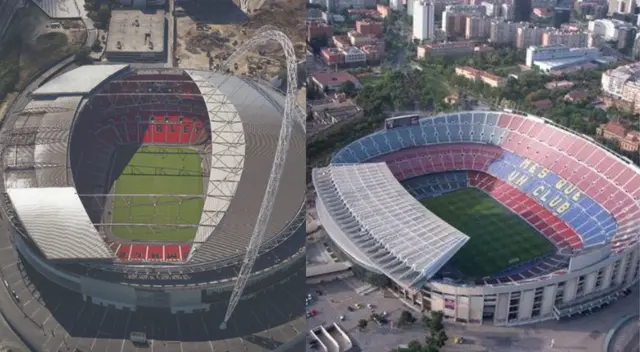 El Camp Nou y el Wembley tienen una capacidad de 99 mil y 90 mil espectadores respectivamente. El Camp Nou y el Wembley tienen una capacidad de 99 mil y 90 mil espectadores respectivamente.