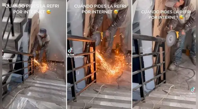 Un joven tuvo que cortar las barandas de su escalera para poder subir su refrigeradora. Un joven tuvo que cortar las barandas de su escalera para poder subir su refrigeradora.