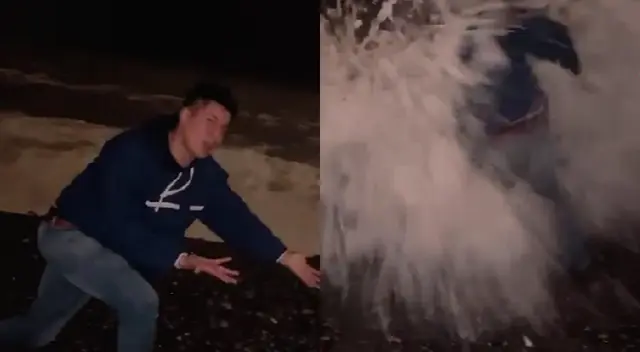 Joven mostró sus mejores pasos de baile pero una fuerte ola los tumbó. Joven mostró sus mejores pasos de baile pero una fuerte ola los tumbó.