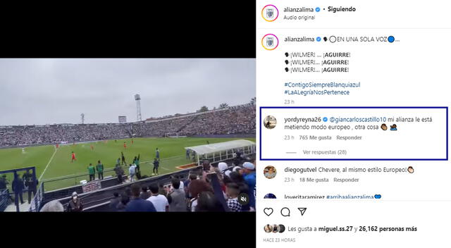  Yordy Reyna comparó a los hinchas de Alianza Lima con los de Europa. (Foto: Instagram)   