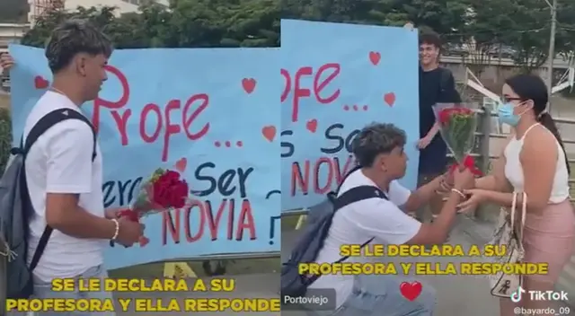 Alumno se declara a su profesora en medio de una multitud de gente