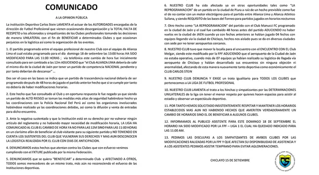 Carlos Stein y su comunicado previo al choque con Alianza Lima