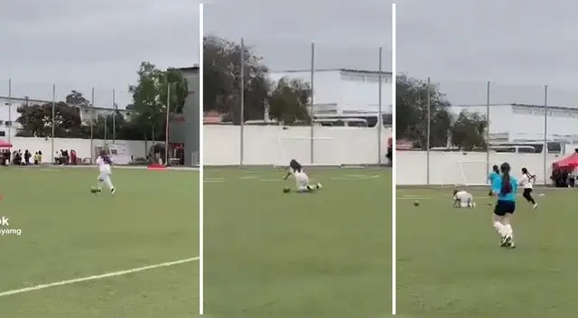 Jugadora estuvo cerca de hacer el gol de su vida pero un mal paso la mandó al suelo.