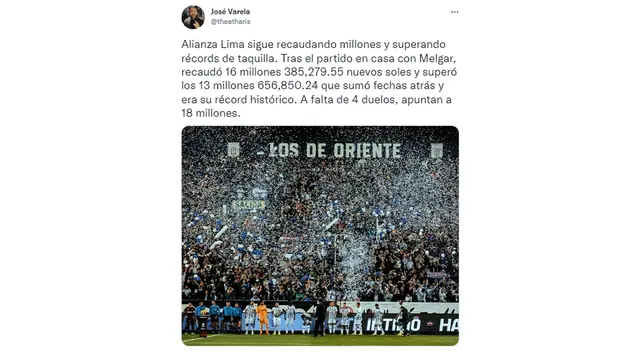 Alianza Lima hizo historia al recaudar importante taquilla ante Melgar.     Alianza Lima hizo historia al recaudar importante taquilla ante Melgar.