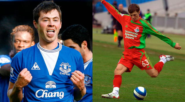 Diniyar Bilyaletdinov con el Everton de Inglaterra y Lokomotiv Moscú de Rusia, respectivamente.   