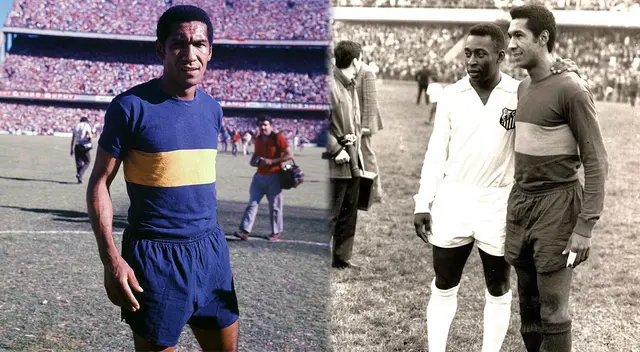 El exdefensa peruano Julio Meléndez con la camiseta de Boca Juniors y con Pelé en un amistoso de 1968 contra Santos de Brasil.   