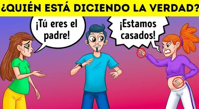Solución al acertijo visual: miente la mujer de morado. | Fuente: Acertijo en 7 segundos. Solución al acertijo visual: miente la mujer de morado. | Fuente: Acertijo en 7 segundos.