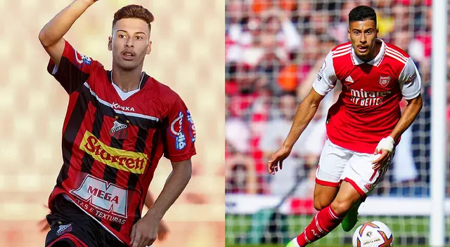 Gabriel Martinelli con Ituano FC (izquierda) y ahora con la camiseta del Arsenal (derecha).   