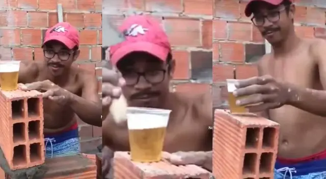 Albañil usa vaso de cerveza para asegurar el nivel correcto de los ladrillos en construcción Albañil usa vaso de cerveza para asegurar el nivel correcto de los ladrillos en construcción
