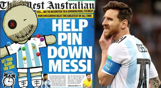 Diario de Australia tuvo la idea de realizarle un muñeco vudú a Messi en la portada. Diario de Australia tuvo la idea de realizarle un muñeco vudú a Messi en la portada.