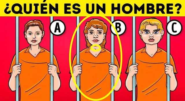 Solución al acertijo visual del reo pobre: es el de en medio, tiene la manzana de Adán. Fuente: acertijo en 7 segundos.