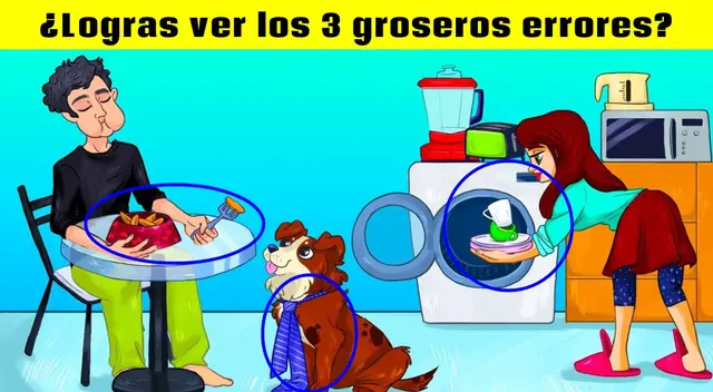 El hombre está comiendo la comida del perro que está con corbata y la mujer metiendo tazas a la lavadora. Fuente: Acertijo en 7 segundos.