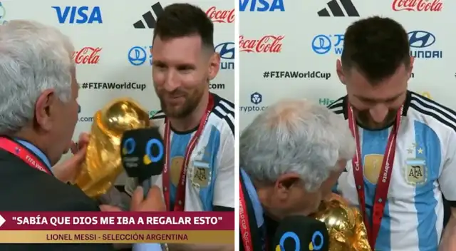 Lionel Messi fue sorprendido por periodista quien besó la copa del mundo cuando lo entrevistaba Lionel Messi fue sorprendido por periodista quien besó la copa del mundo cuando lo entrevistaba