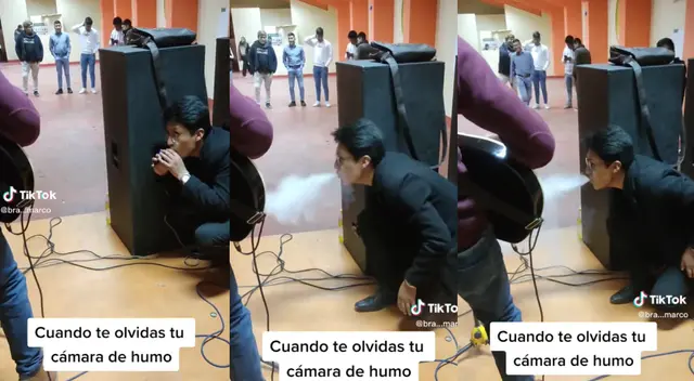 Joven no iba a dejar que su amigo deje de brindar un show completo y se escondió tras un parlante para ayudarlo.