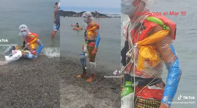 El muchacho sorprendió a más de un bañista con su 'peculiar' atuendo para disfrutar del mar.
