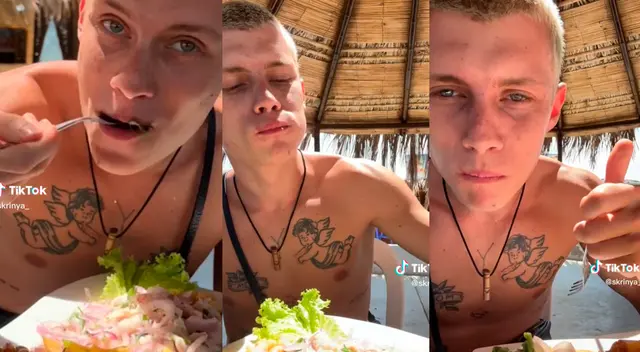 Un joven aprovechó su estadía en Piura para probar ceviche y otros platillos marinos del Perú.