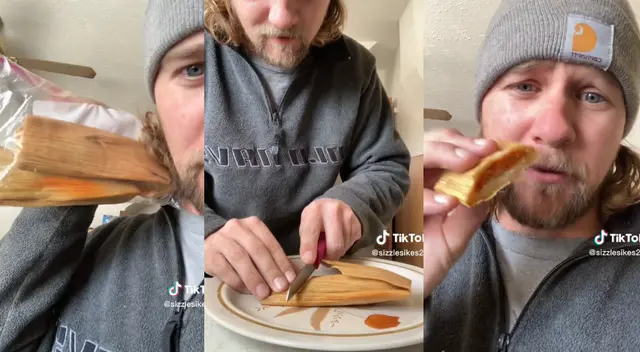Fue su novia quien finalmente le advirtió que debía quitar la envoltura de maíz al tamal antes de comerlo. Video es viral en TikTok.