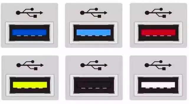 Los colores de los puertos USB, son: blanco, negro, azul oscuro, azul claro, anaranjado o rojo y amarillo. Los colores de los puertos USB, son: blanco, negro, azul oscuro, azul claro, anaranjado o rojo y amarillo.