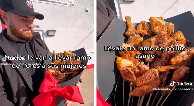 Él armó el ramo de pollito asado, el cual envolvió con papel oscuro y decoró con un lazo rojo. Él armó el ramo de pollito asado, el cual envolvió con papel oscuro y decoró con un lazo rojo.