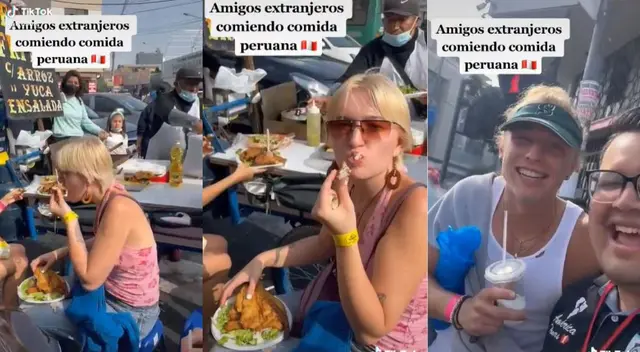 Jóvenes extranjeros son captados disfrutando de la comida callejera.