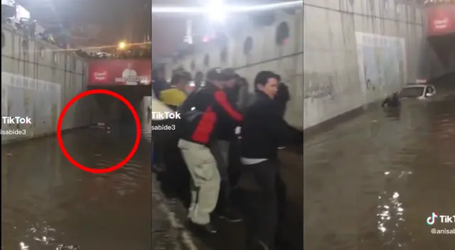 Ciudadanos arequipeños se unen para sacar un auto inundado por las lluvias