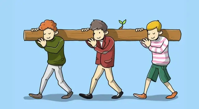 ¿Qué hombre está realizando más fuerza para cargar el árbol? ¿Qué hombre está realizando más fuerza para cargar el árbol?