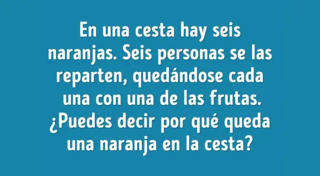 ¿Por qué sobra una naranja si todos se llevan una? Resuelve este acertijo de manera rápida. ¿Por qué sobra una naranja si todos se llevan una? Resuelve este acertijo de manera rápida.