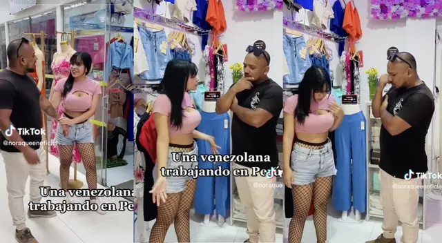 Venezolana vende prendas de vestir en Gamarra de manera singular.