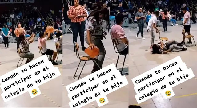 Madre de familia es furor en redes sociales tras terminar en el suelo en actividad de colegio
