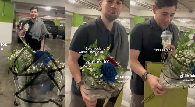 La tierna reacción de un joven al recibir flores de regalo. La tierna reacción de un joven al recibir flores de regalo.