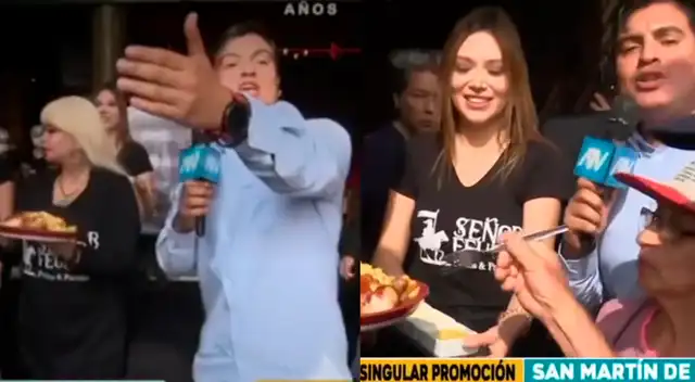 Periodista de ATV actuó como impulsador en una pollería y regaló pollo a la brasa.