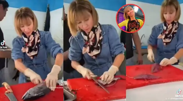 La bailarina fue captada en un mercado aprendiendo a cortar pescado para mejorar su participación en el espacio de Latina. La bailarina fue captada en un mercado aprendiendo a cortar pescado para mejorar su participación en el espacio de Latina.
