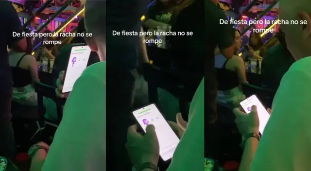 Hombre no quiere perder su producción en Duolingo y realiza tareas en fiesta Hombre no quiere perder su producción en Duolingo y realiza tareas en fiesta