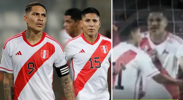 Paolo Guerrero le reclama a Ruidíaz por el gol de Brasil.