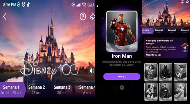 Descubre cómo obtener los CARDS de Mirabel, IronMan, Minnie, Woody, Darth Vader y Elsa de Disney 100 en TikTok.