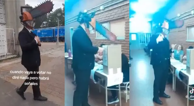 Hombre fue a votar por Milei disfrazado de 'Chainsaw Man' y se viraliza en redes sociales. Hombre fue a votar por Milei disfrazado de 'Chainsaw Man' y se viraliza en redes sociales.